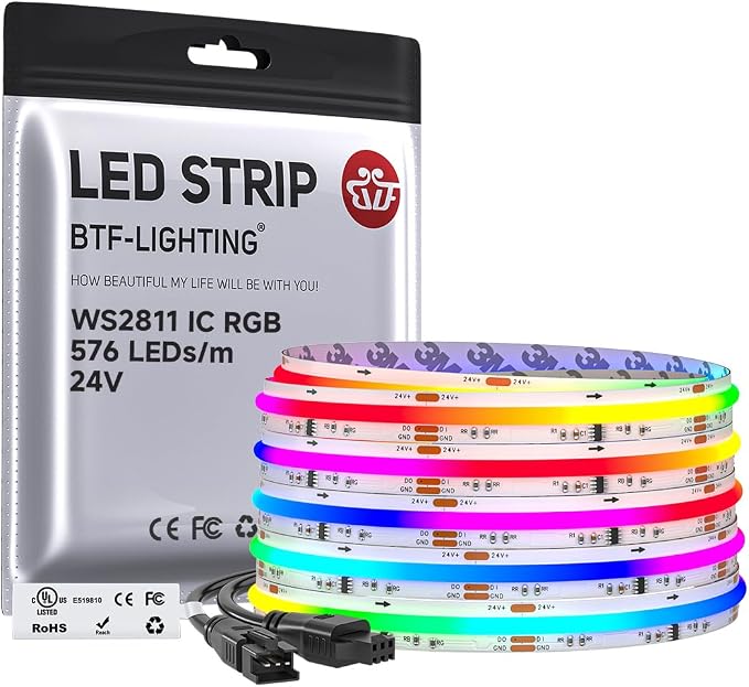 BTF-LIGHTING RGB WS2811 Smart IC FCOB COB LED Strip, UL Listed 576LEDs/m High Density Color Chasing Uniform Light, DC24V 24FT 10mm Width Tape Light for Home Party DIY Decor(No Adapter or Controller) by BTF-LIGHTING