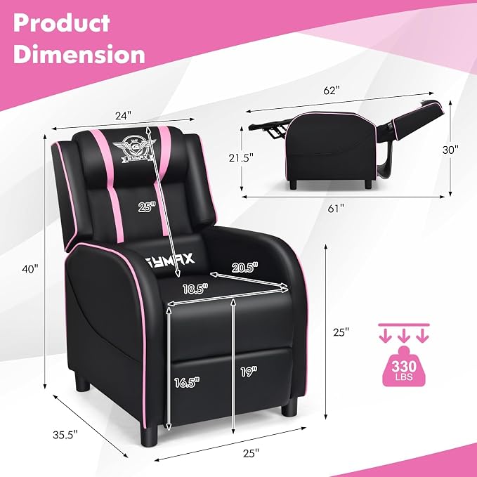 GYMAX Gaming Recliner, Massage Gaming Chair w/Adjustable Footrest, Remote Control & Side Pocket, Ergonomic Game Lounge Chair, Racing Style Single Theater Seat Game Sofa for Adults (Pink) - Image 3