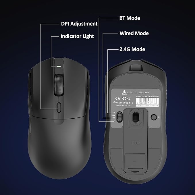 AJAZZ AJ139 V2 MC Wireless Gaming Mouse with RGB Charging Dock, 66g Ultra-Lightweight Tri-Mode Optical Mouse, 12000 DPI PAW3311 Sensor, Ergonomic Rechargeable Gaming Mouse for PC/Mac - Black - Image 8