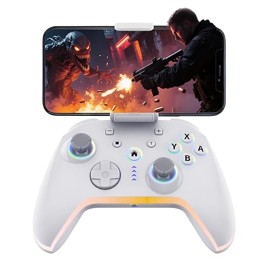 Bcofo Wireless Mobile Game Controller for iOS/iPhone/Android/Cell Phone/Switch/Laptop, Gaming Gamepad with Phone Clip for Gamers, Hall Effect Triggers, Wired PC Control, with RGB LED Lighting/Vibration/6-Axis Gyro/Turbo (White) by Unknown