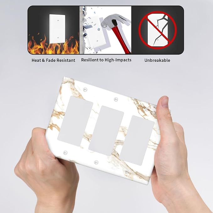 Decorative Outlet Covers Abstract Luxury White Gold Marble 3 Gang Gfci Wall Plate Triple Rocker Light Switch Covers Electrical Receptacle Switchplate Plug Faceplate for Bedroom Decor - Image 6