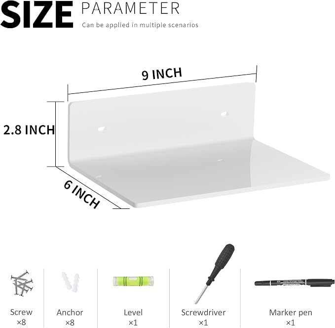 Hexsohoma 9 Inches White Floating Shelves, Acrylic Wall Shelves for Living Room, Bedroom, Bathroom, Kitchen, Office, Brand Store, Retails, Gaming Room, 4 Pack - Image 3