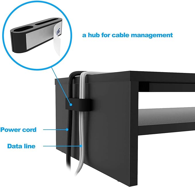 BONTEC Wood Monitor Stand Riser, 2-Tier Desktop Organizer | Ergonomic Computer Stand for Desk, Cable Management, Cellphone Holder, 21.3 Inch Shelf, Black - Image 5
