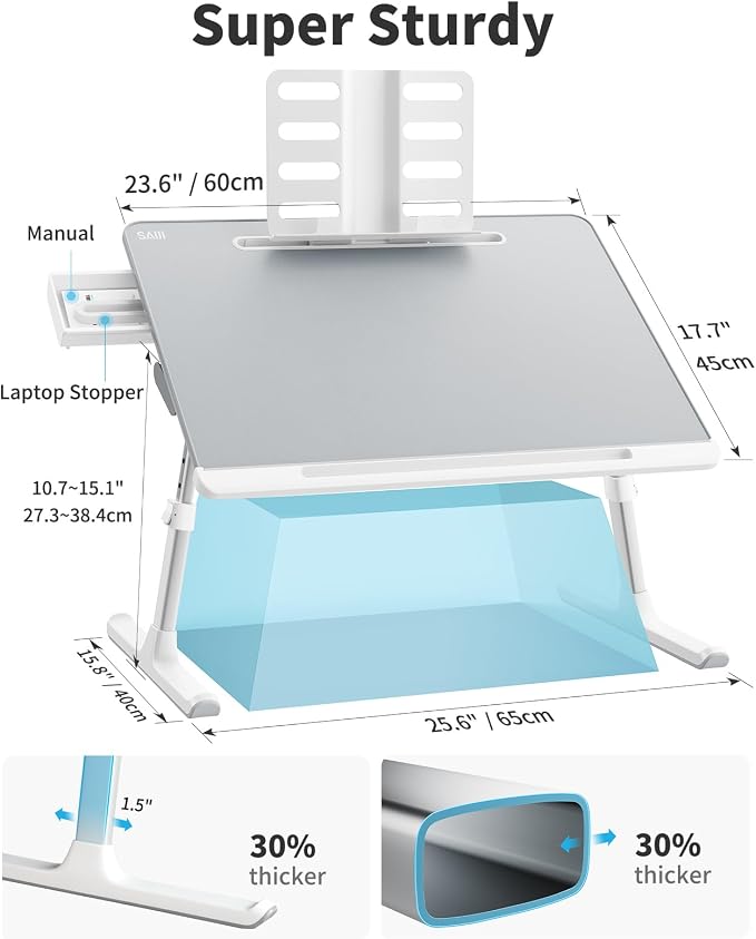 Laptop tray, SAIJI 60*45cm Table lap for bed, Multi-purpose Premium Lapdesk, Height Angle adjustable, with Book Stand, Drawer, Tablet slot, for Eating, Working, Writing, Gaming, Drawing (Light Grey) - Image 2
