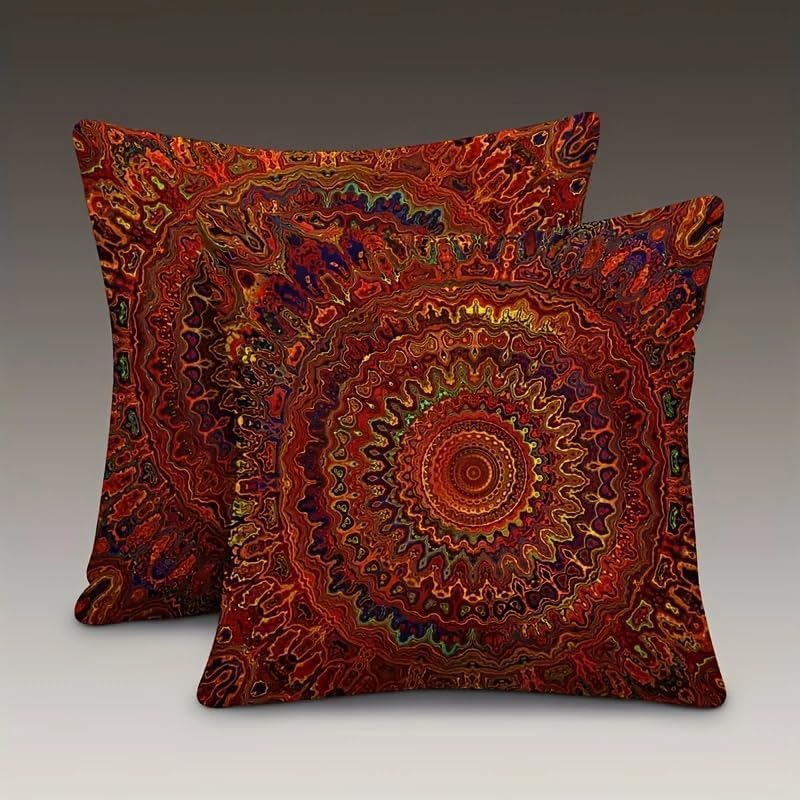 Decorative Linen Throw Pillow Covers, Mandala Pattern, Set of 2 18x18 pillows Red Fantasy Golden Mandala Bohemian Style Modern Decorative Square Pillowcases for Sofa Couch Bedroom Living Room Car by Unknown