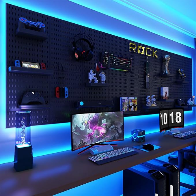 RGB Gaming Wall Organizer Peg Board with RGB LED Strip Lights, 2PCS Metal Gamer Wall Decor Peg Board with Hooks, DIY Gaming Setup Organizer PegBoard Gaming Wall Accessories 12 * 24” - Image 5