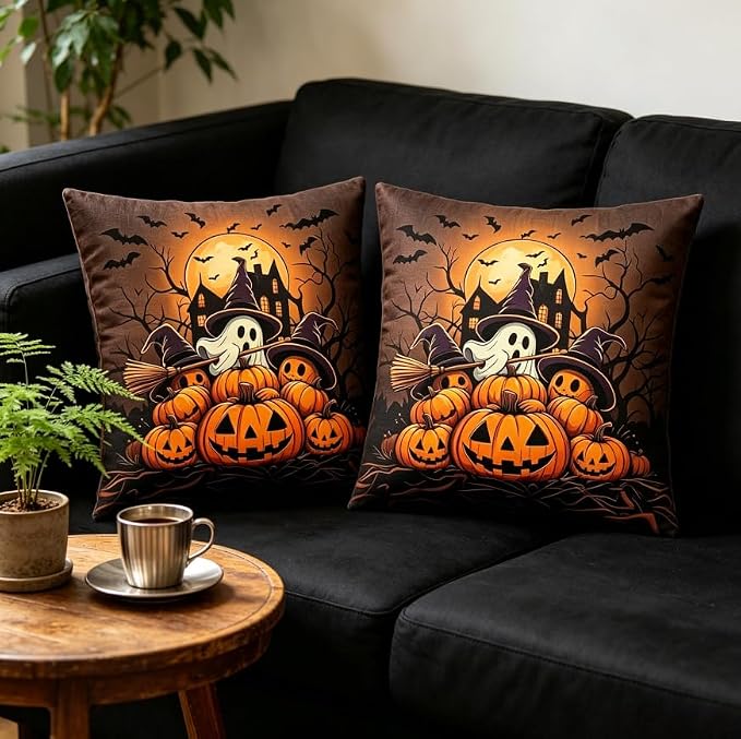 Halloween Throw Pillow Covers, Linen, 18x18 Inch, Set of 2, Ghost Pumpkin and Bat Design, Machine Washable - Image 5
