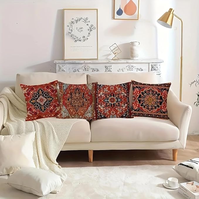 4pcs, Bohemian Ethnic Style Carpet Pattern Throw Pillow Covers, Printed Throw Pillowcase, Throw Pillow Covers Decor, Home Decor, Bedroom Decor, Living Room Decor, 18x18 Pillows Linen Pillowcase - Image 6