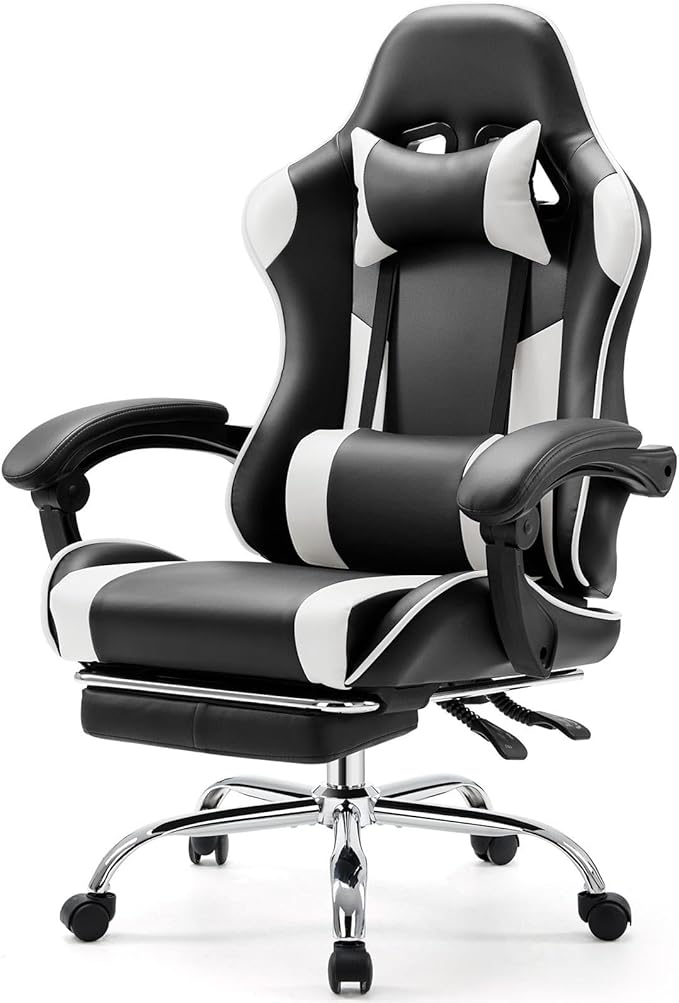 Sweetcrispy Gaming Chair, High Back Office Chair, Home Office | PU Leather Ergonomic, Adjustable Headrest Footrest, Linkage Armrest, Video Racing, White by Sweetcrispy