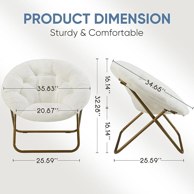 DUMOS Faux Fur Saucer Chair, Foldable Comfy Chair for Bedroom, White | Lounge XL Moon Mushroom Style, Circle Round Oversized Accent Seat, Gaming Dorm Small Spaces, Comfortable Modern - Image 3