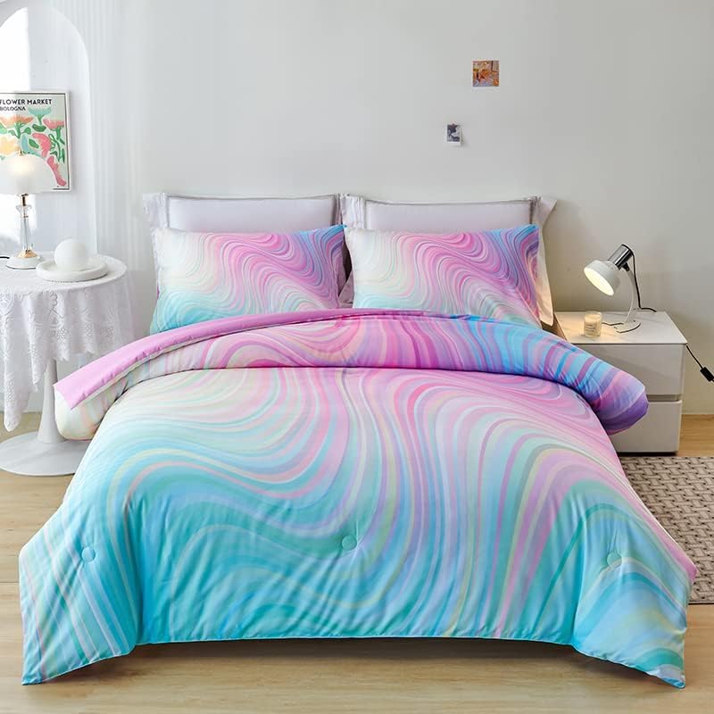 Girls Pink Comforter King,Pink Bedding Set for Girls,Tie Dye Comforter Set,Kids Comforter Set for Girl,Teen Bedding King with 2 Pillowcases,Rainbow Comforter Sets by Helloosuucomforterset
