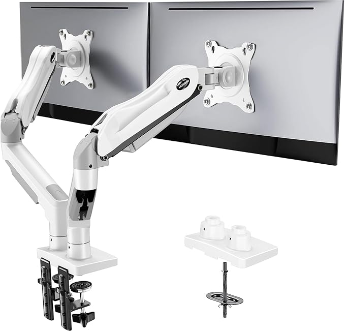 HUANUO Dual Monitor Stand - Full Adjustable Monitor Desk Mount Swivel Vesa Bracket with C Clamp, Grommet Mounting Base for 13 to 32 Inch Computer Screens - Each Arm Holds 4.4 to 19.8lbs - White by HUANUO