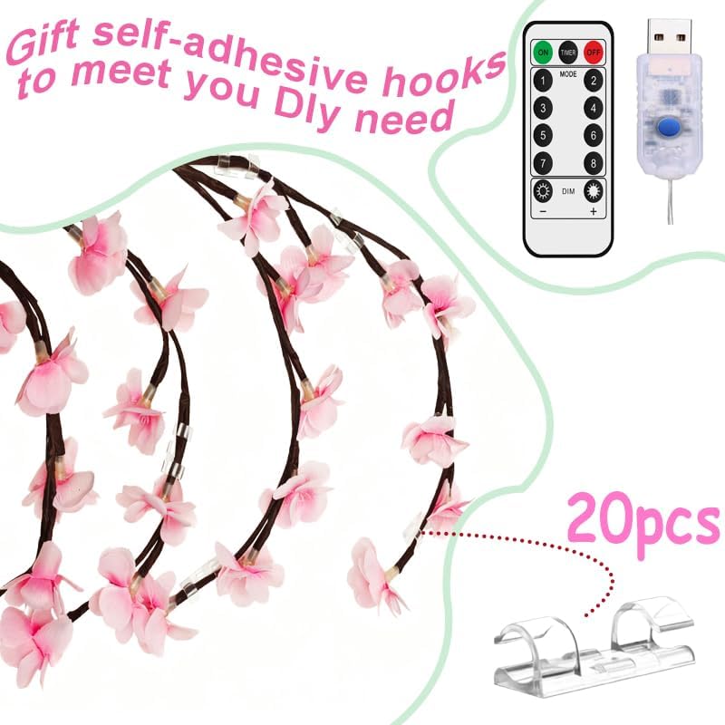 90 Inch Cherry Blossom Tree Light with Remote, 144 LED Cherry Blossom Branch Lights for Wall, 8 Lighting Modes&Timer, Flexible DIY Indoor Decoration for Home, Christmas, Wedding, Party (144LED-90inch) - Image 3