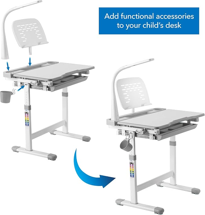 Mount-It! Accessory Kit for Height Adjustable-Kids-Desk | Includes LED-Lamp, Book Holder Shelf and Pencil Holder-Cup, Grey - Image 3