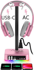 KAFRI RGB Headphone Stand with USB Charger Desk Gaming Headset Holder Hanger Rack with 3 USB Charging Port and 2 Outlet - Suitable for Gamer Desktop Table Game Earphone Accessories Girlfriend Gift by Unknown