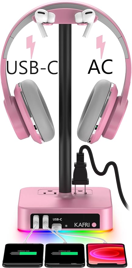 KAFRI RGB Headphone Stand with USB Charger Desk Gaming Headset Holder Hanger Rack with 3 USB Charging Port and 2 Outlet - Suitable for Gamer Desktop Table Game Earphone Accessories Girlfriend Gift by Unknown