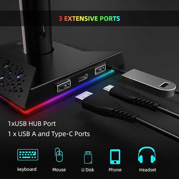 RGB Gaming Headphone Stand with Charging Hub, Headset Holder for Desk with Controller Organizer, 3 Ports USB-A and USB-C, 10 Lighting Modes, Touch Control for PS5 Xbox PC Gaming Setup - Image 5