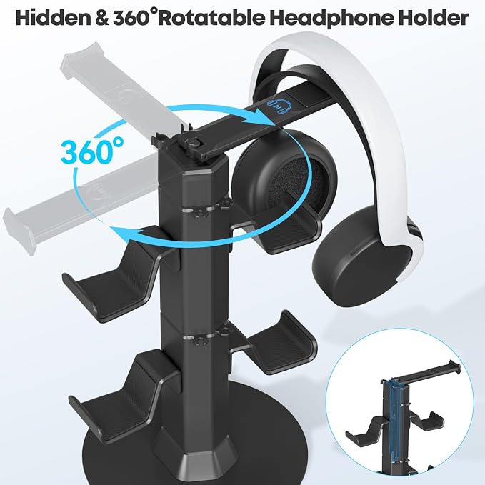 Gaming Controller & Headset Holder Stand for Desk, with Charger Cable Organizer Headphone Stand for PS5/ Xbox/ PS4/ Switch, Metal Base Controller Hook for Storage with 360° Rotatable Hanger- 2 Tiers - Image 2