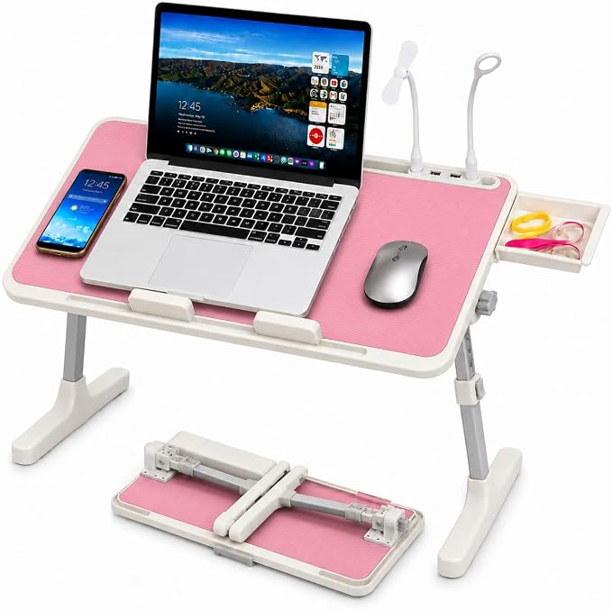 Laptop Desk for Bed, Height & Angle Adjustable Lap Desk with USB Cooling Fan, LED Light and USB Ports, Foldable Portable Laptop Table for Couch, Sofa, Floor, Reading, Writing (Pink) by PHANCIR
