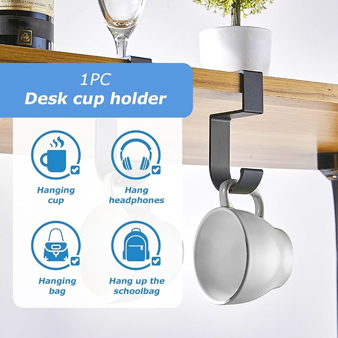 Desk Cup Holder Clamp & Hook, Anti-Spill Cup Holder, Headphone Hook, Adjustable Height, Black Aluminum - Image 4