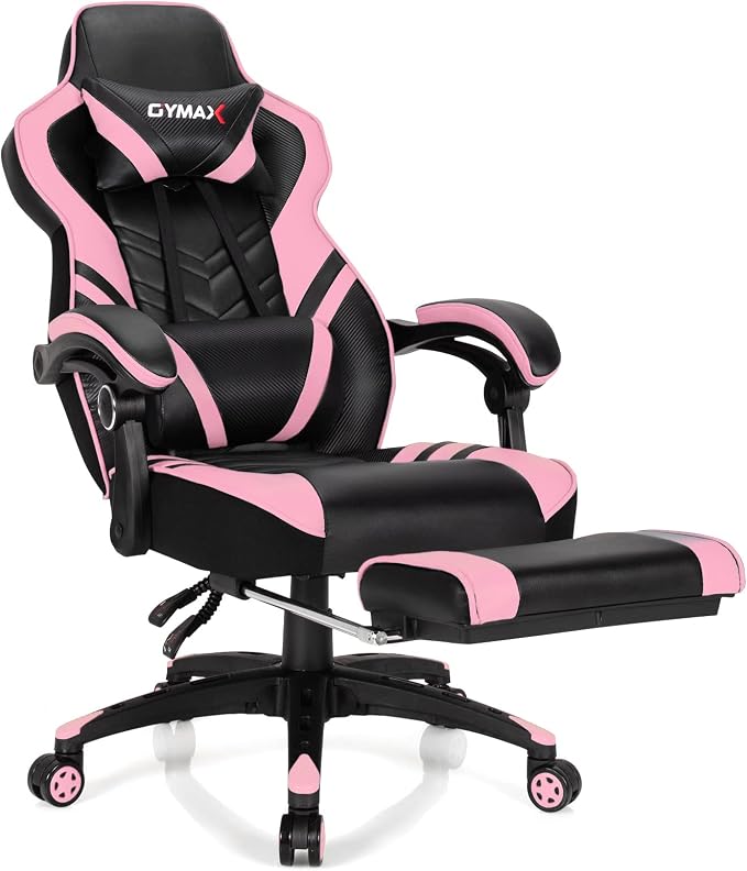 GYMAX Gaming Chair, Ergonomic Computer Chair with Footrest, Linkage Armrests & Lumbar Cushion, Big Wide High Back Video Gaming Chair, Reclining Office Rolling Chair for Adult/Teens (Pink) by GYMAX