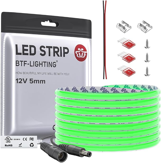 BTF-LIGHTING UL Listed Green Color 5mm Width FCOB COB LED Strip Light by BTF-LIGHTING