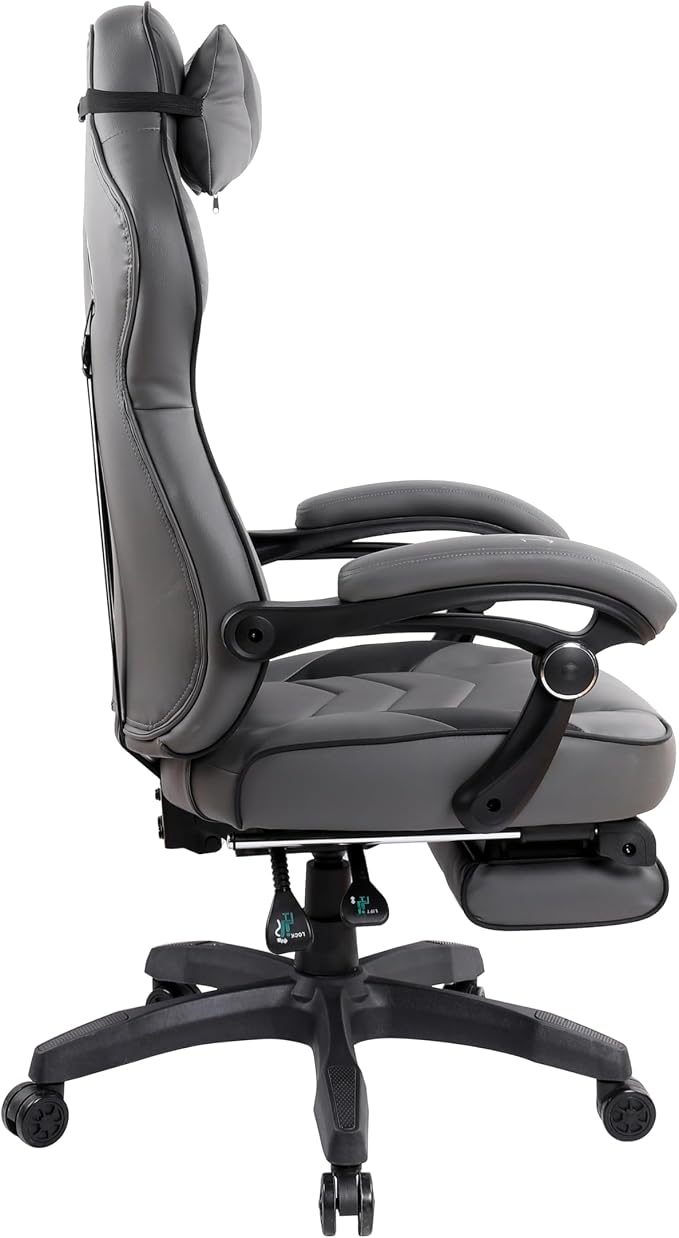 Techni Mobili Executive Gaming Chair with Footrest, 150° Reclining, Grey | PU leather chair, 150 degree recline, footrest, lumbar support, headrest pillow, executive office gaming chair, ergonomic - Image 11