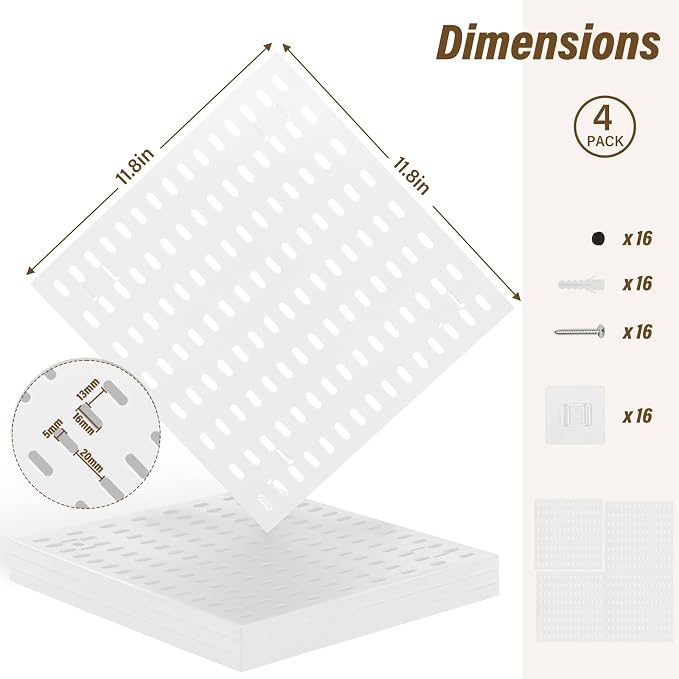 AKTOP Modular Plastic Peg Board Wall Organizer, 4 Pack, 12"x12", White | ABS Material, Adhesive or Drill Mounting, Ideal for Office, Gaming Room, Craft Room - Image 3