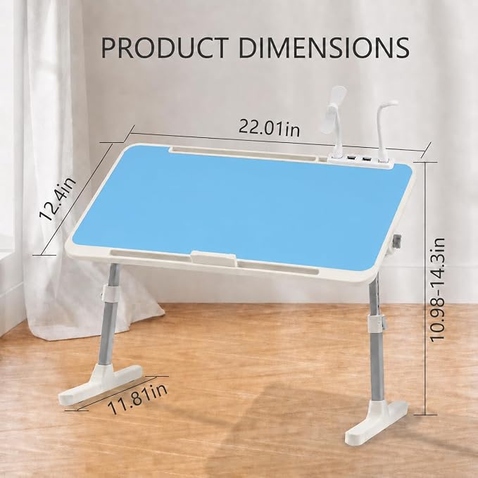 Laptop Desk for Bed, Height & Angle Adjustable Lap Desk with USB Cooling Fan, LED Light and USB Ports, Foldable Portable Laptop Table for Couch, Sofa, Floor, Reading, Writing (Blue) - Image 2