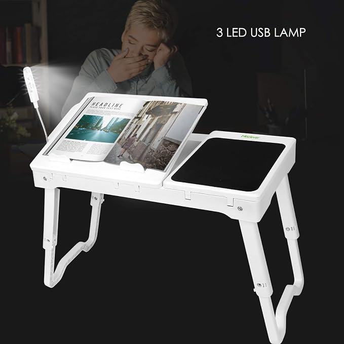 TeqHome Laptop Table for Bed, Adjustable Laptop Bed Desk with Fan, 4 USB Ports, Portable Lap Desk with Foldable Legs, Laptops Stand for Couch Sofa Bed Tray with LED Light, Storage, Mouse Pad - White - Image 8