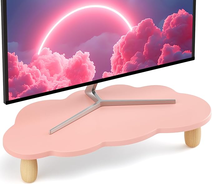 AFOOYO Monitor Stand Riser,Cloud Shape Wood Computer Monitor Stand, 16.5IN Monitor Stand Riser, Multi-Purpose Desktop Organizer Riser for Computer,Laptop,Printer,TV,Pink by AFOOYO