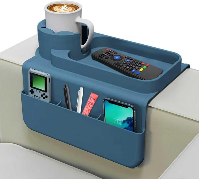 Silicone Couch Caddy Cup Holder Tray, 3-Side Sofa Armrest Organizer with Secure Gear-Shaped Locking Holder & Large Tablet Slot, Non-Slip Weighted Armchair Caddy, Couch Accessories (Blue) by Unknown