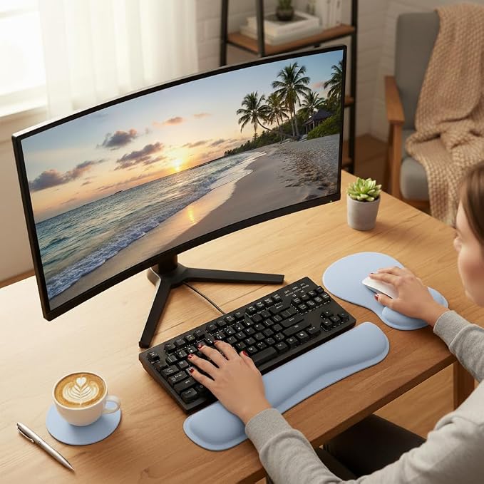 RICHEN Wrist Rest Support for Mouse Pad&Keyboard Set with Coaster,Concave Curved Memory Foam, Non-Slip Base Pain Relief Comfortable Easy Typing Pad for Home/Office (Light Blue) - Image 6