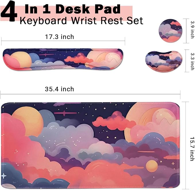 Large Mouse Pad Set, Cute Extended Mouse Pad+Keyboard Wrist Rest Support Desk Pad Memory Foam Ergonomic Easy Typing, 35.4×15.7 in Desk Mat Set for Home Office Study Game - Cloud - Image 2