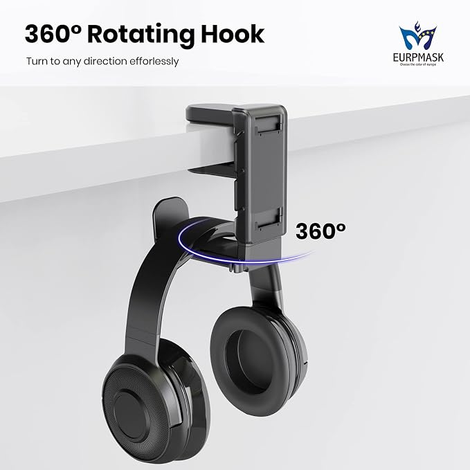 EURPMASK 3-in-1 Rotating Headphone Stand w/2 Detachable Controller Holders | Adjustable Clamp-on Headset Holder Hanger,360°Swivel,Gaming Headset Hanger,Cable Organizer,Keep Headphones Secure&Desk Tidy - Image 5