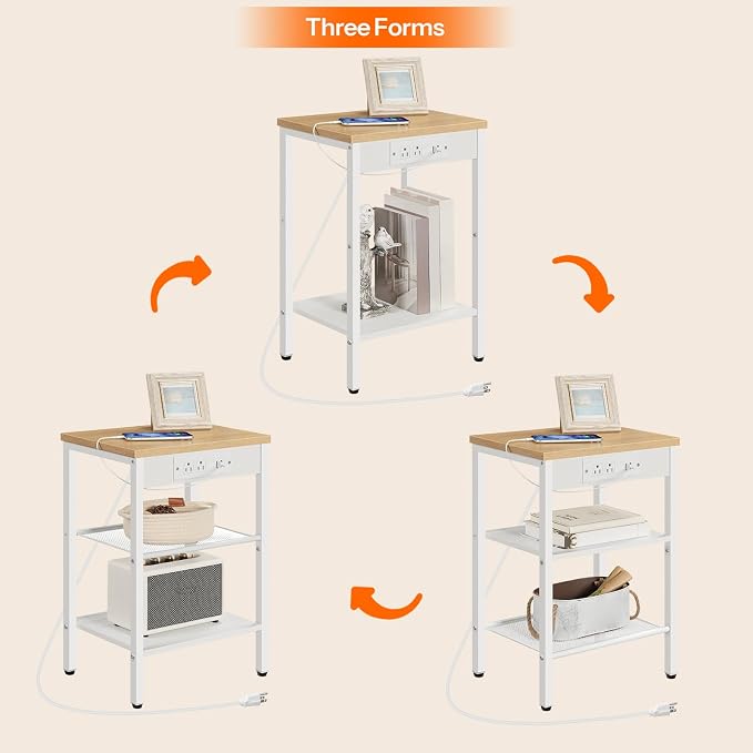 HOOBRO Side Table with Charging Station and USB Port, Small End Table for Small Space, 3-Tier Nightstand with Adjustable Shelf, for Living Room, Bedroom, Natural and White WN112BZ01 - Image 7