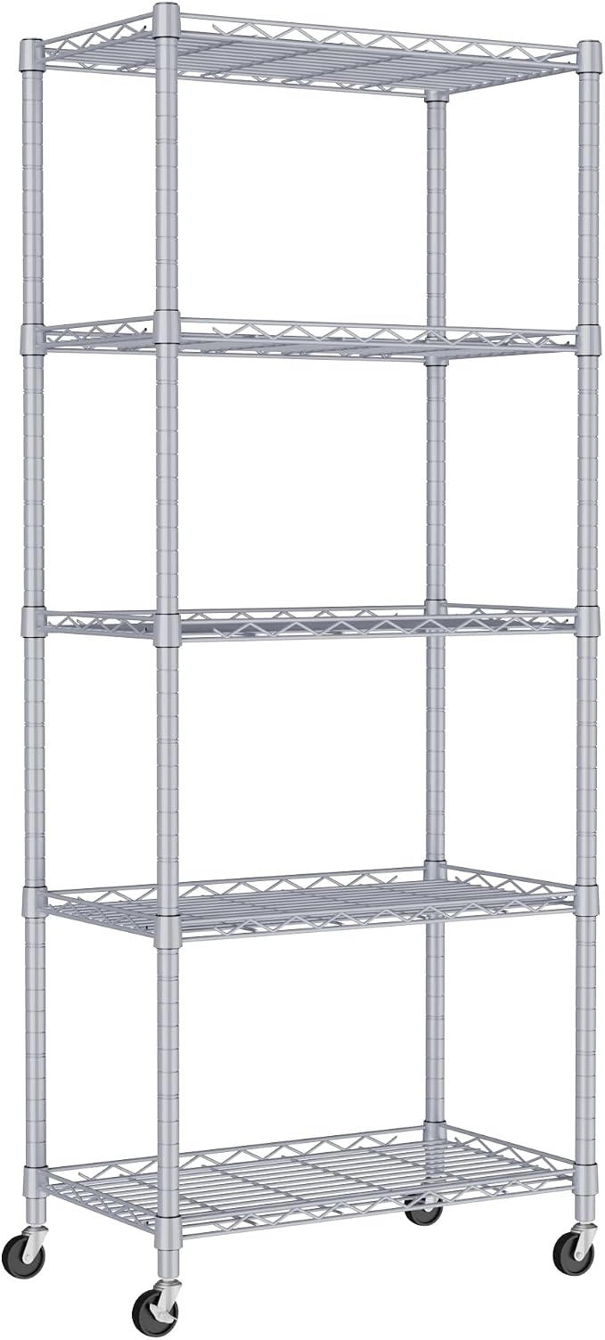 REGILLER 5-Wire Shelving Metal Storage Rack Adjustable Shelves,Standing Storage Shelf Units for Laundry Bathroom Kitchen Pantry Closet(Silver,11.8" D x 21.2" W x 55" H,With Wheels) by REGILLER