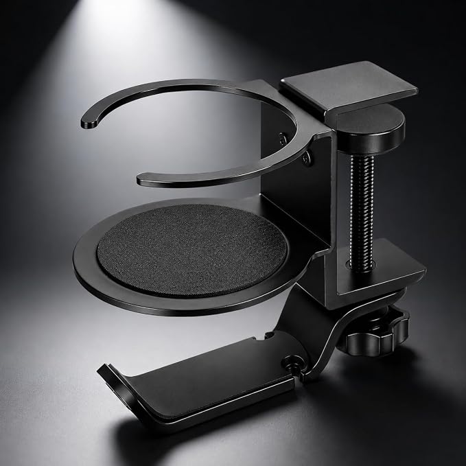Foldable Aluminum Under Desk Headphone Hanger with Cup Holder, 2-in-1 Clamp-on Headset Stand & Drink Holder, Heavy Duty Gaming Headphone Hook for Office, Home, Gaming Desk - Black - Image 2