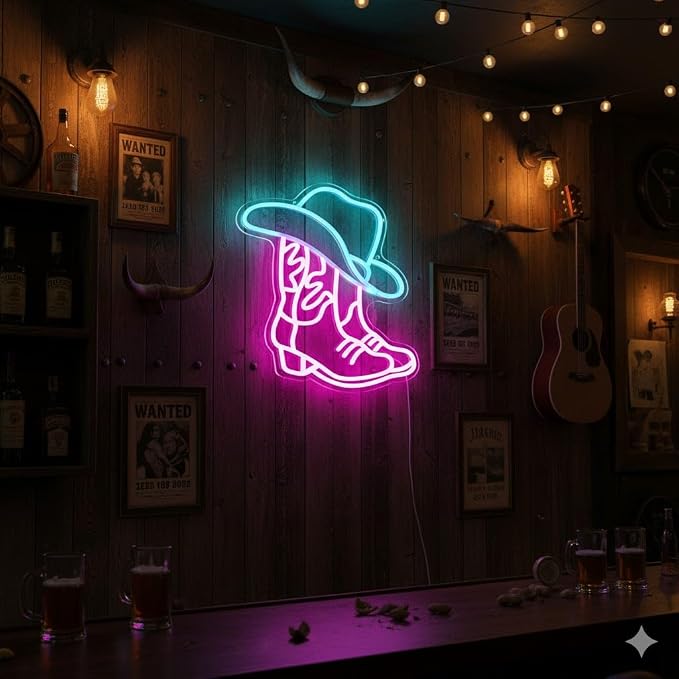 Cowboy Boot and Hat LED Neon Sign,Western Country Wall Decor for Bar, Man Cave, Garage,Pink White Aesthetic Rodeo Neon Light, Unique Christmas Birthday Gifts(13x15 in) - Image 3
