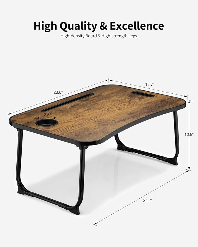Foldable Lap Desk, Laptop Bed Desk, Portable Lap Table, Laptop Bed Table with Cup Holder & Tablet Slot & Lifting Handle for Working Writing Drawing & Eating - Brown - Image 4