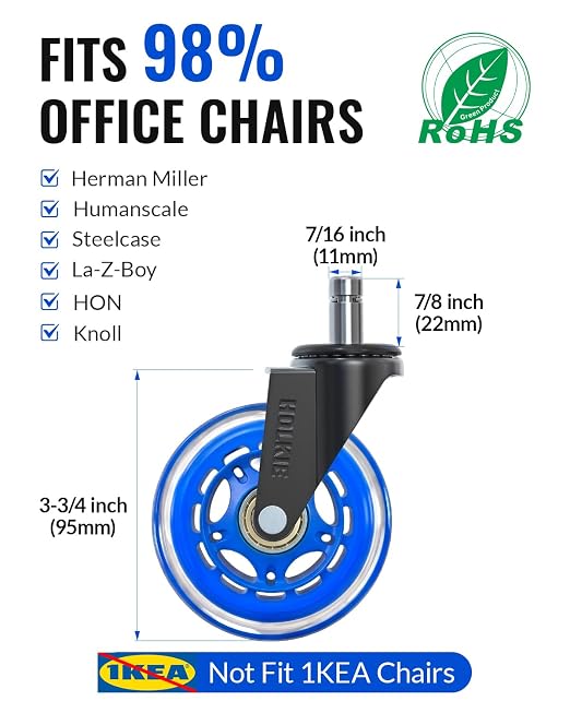 HOLKIE Gaming Chair Wheels Blue Roller Blade Rubber Caster 3 Inch Set of 5 for Carpet Hardwood Floors - Image 2