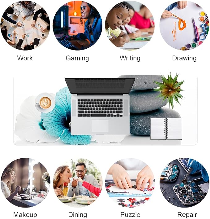 QiyI PU Leather Large Mouse Pad, Office Decor, 31.5" x 11.8", Blue Hibiscus | Desk Décor Accessories, Extended Size, Waterproof & Easy to Clean, Smooth Surface, Non Slip Desk Organization, Floral Pebble - Image 7