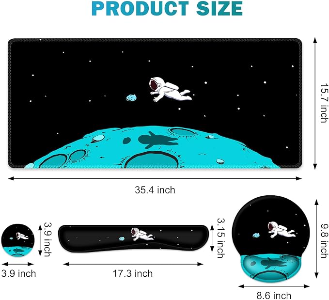Gaming Mouse Pad, Large Desk Mat, Cute Desk Pad Protector, 4in1 XXL Mousepad + Keyboard Wrist Rest+Mouse Wrist Rest+Coaster Set with Ergonomic Desk Pad for Home Office PC Computer, Cool Space Alien - Image 2