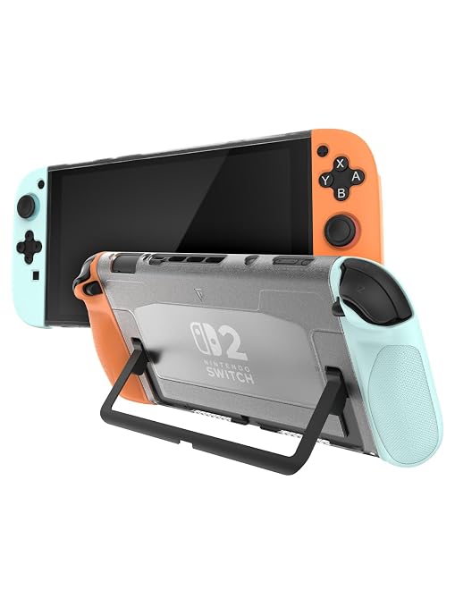 TUDIA Snap-On Case Compatible with Nintendo Switch 2 (2025) - [Kickstand Access] Dockable Slim Scratch-Resistant Console PC Cover with Enhanced Shockproof TPU Handheld Grip (Red/Blue, Clear Back) by TUDIA