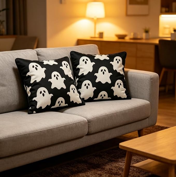 Halloween Ghost Throw Pillow Covers, Black, Linen, 18x18 Inch, Set of 2, Machine Washable, Living Room Decor - Image 5