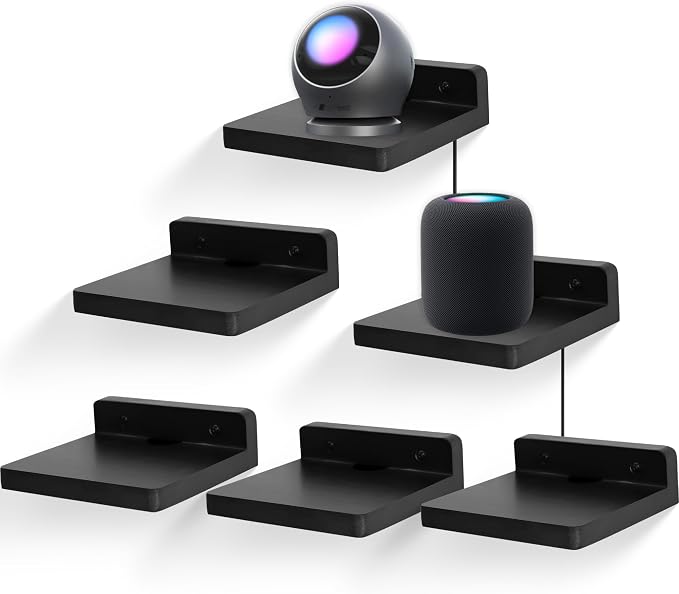 Small Floating Shelf for Wall,5 Inch Wooden Wall Shelf Set of 6,Mini Speaker, Baby Monitor,Cameras，Figurines Display Stand, for Bedroom, Gaming Room, Living Room, Bathroom, Office(Black) by Unknown