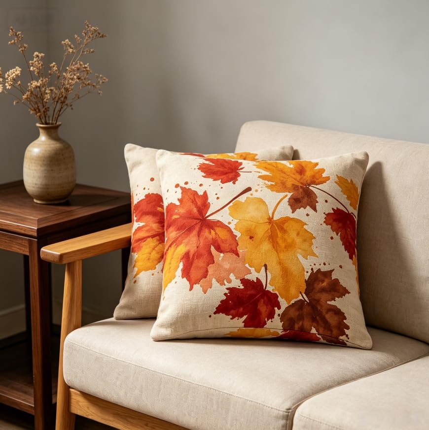 Fall Throw Pillow Covers, Autumn Maple Leaf Watercolor Print, Linen, 18x18 Inch, Set of 2, Farmhouse Style,Thanksgiving Decorations - Image 6
