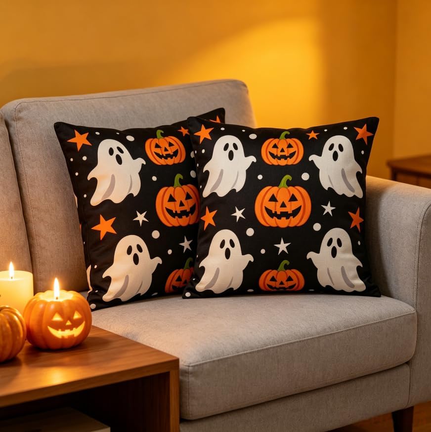 Halloween Ghost Throw Pillow Covers, Black, Linen, 18x18 Inch, Set of 2, Machine Washable, Square, Living Room - Image 3