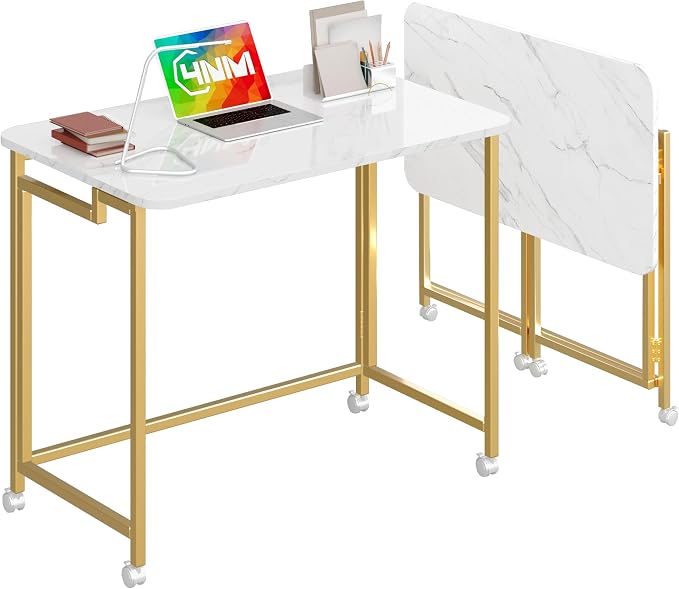 4NM 31.5" Mobile Small Rolling Computer Desk, Folding Laptop Cart Table with Wheels, Portable Office Desk for Small Space Couch Bed - White and Golden by 4NM
