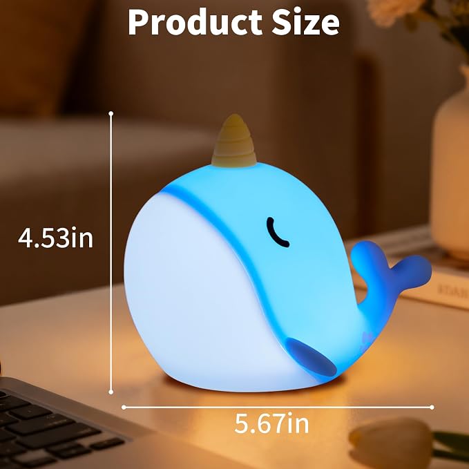 Narwhal Night Light, USB-C Rechargeable Silicone Lamp with Tap Control, 3-Level Dimming & 30-Min Auto Timer, 7-Color Changing Squishy Nursery Light, Birthday Gift for Kids - Image 2